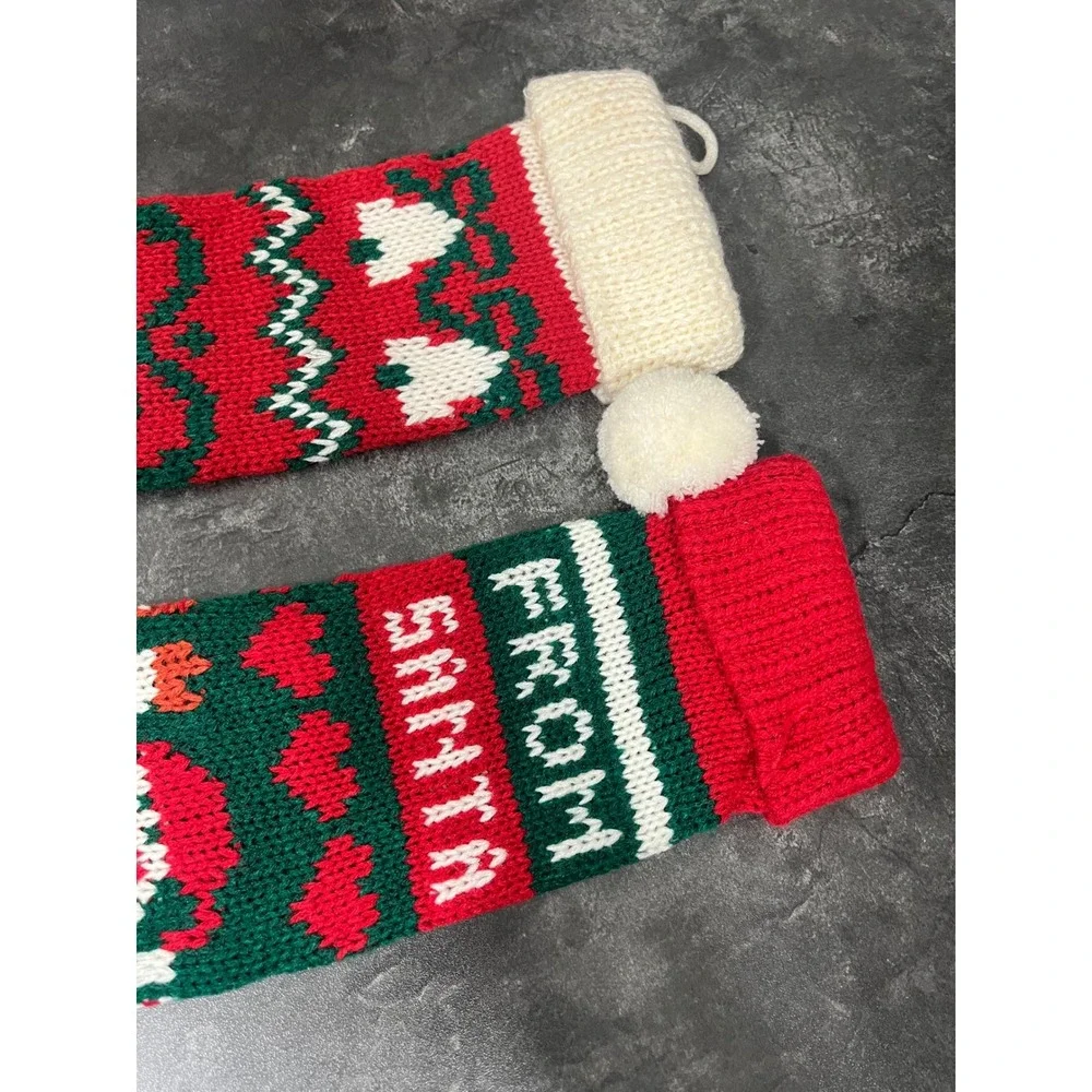 Vintage Inspired Christmas Knit Stockings Set 2pc Holiday Retro Santa Bell